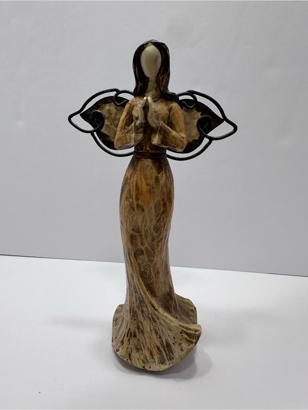 Beautiful Resin And Metal Praying Angel  Carved Wood Appearance NWT